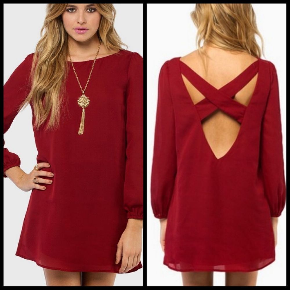 TOBI red gather round open cross back shift mini dress S